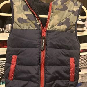 Camouflage and Navy Puffer Vest with Red Accents - reversible